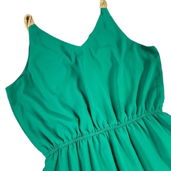 3/$44 Pinky size large green mini dress ruffles on front vneck gold straps silky - Picture 4 of 12